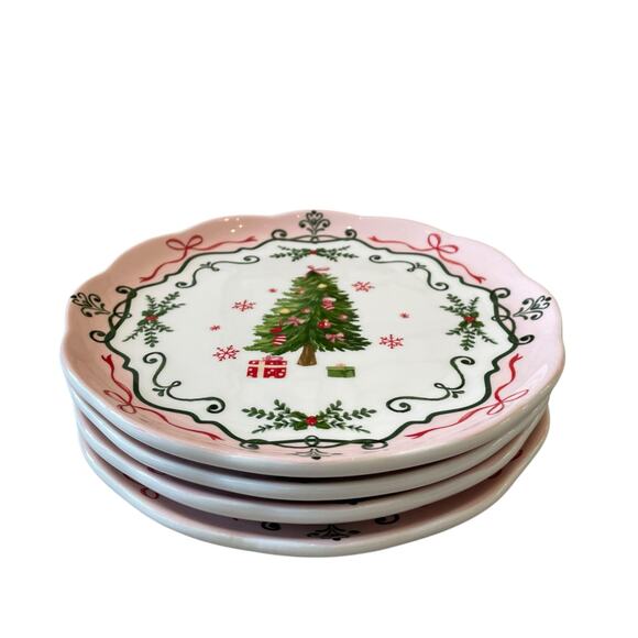 4 Potter's Studio CHRISTMAS TREE PINK Salad Plates 9in Ceramic Bows Holiday New - Picture 7 of 16